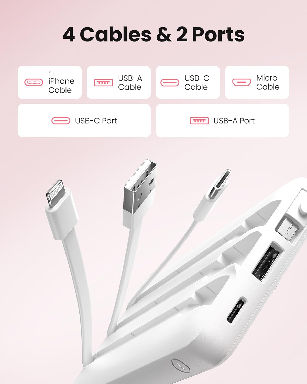 Coowisty 10000mAh Pack 5 2 Portable Power Bank, Slim Portable Charger with Built-in Cables, External Battery Outputs