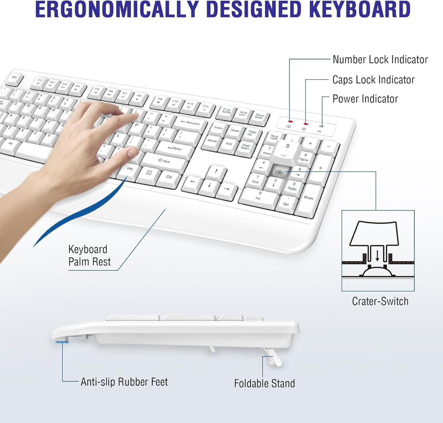 QUASIO 2.4G Wireless Keyboard, Full-Sized Ergonomic Wireless Computer Keyboard with Wrist Rest for Windows, Mac OS