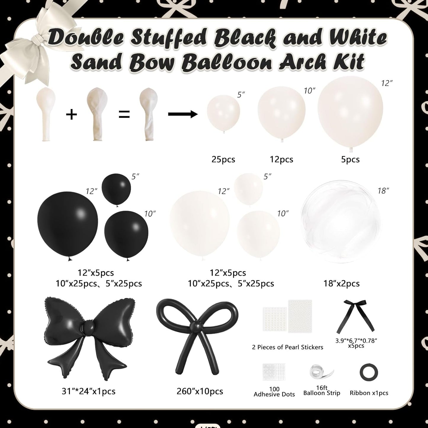 Skiennix Black Bow Birthday Decorations - 187Pcs Balloon Arch Kit with Pearl Balloons & Ribbons