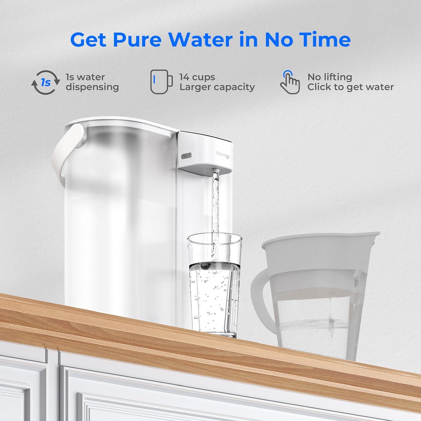 Waterdrop Compact Electric Water Filter Pitcher - 200-Gallon Rechargeable Dispenser | Reduces PFOA, Lead & Chlorine, 14-Cup, White