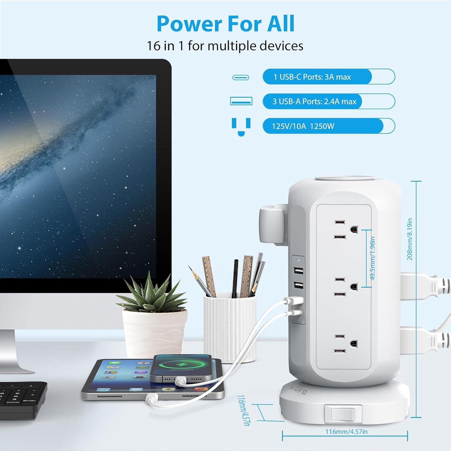 AOFO 12 4 USB(1 10Ft Tower Power Strip Flat Plug with Outlets USB C), Surge Protector Charging Station with Overload