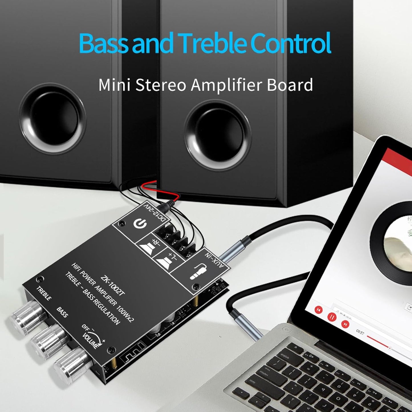 ZK-1002T 100W+100W 2.0 TPA3116D2 9-24V, Bluetooth Amplifier Board with Treble and Bass Control, Channel Stereo Audio