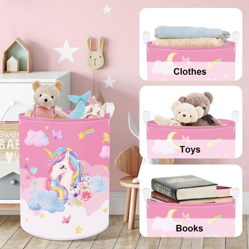 Clastyle 63L Unicorn Rainbow Collapsible Laundry Basket Large Pink Dirty Clothes Hamper for Girl Moon Star Flower Toy Storage Basket with Lid, 15.7x19.7 in
