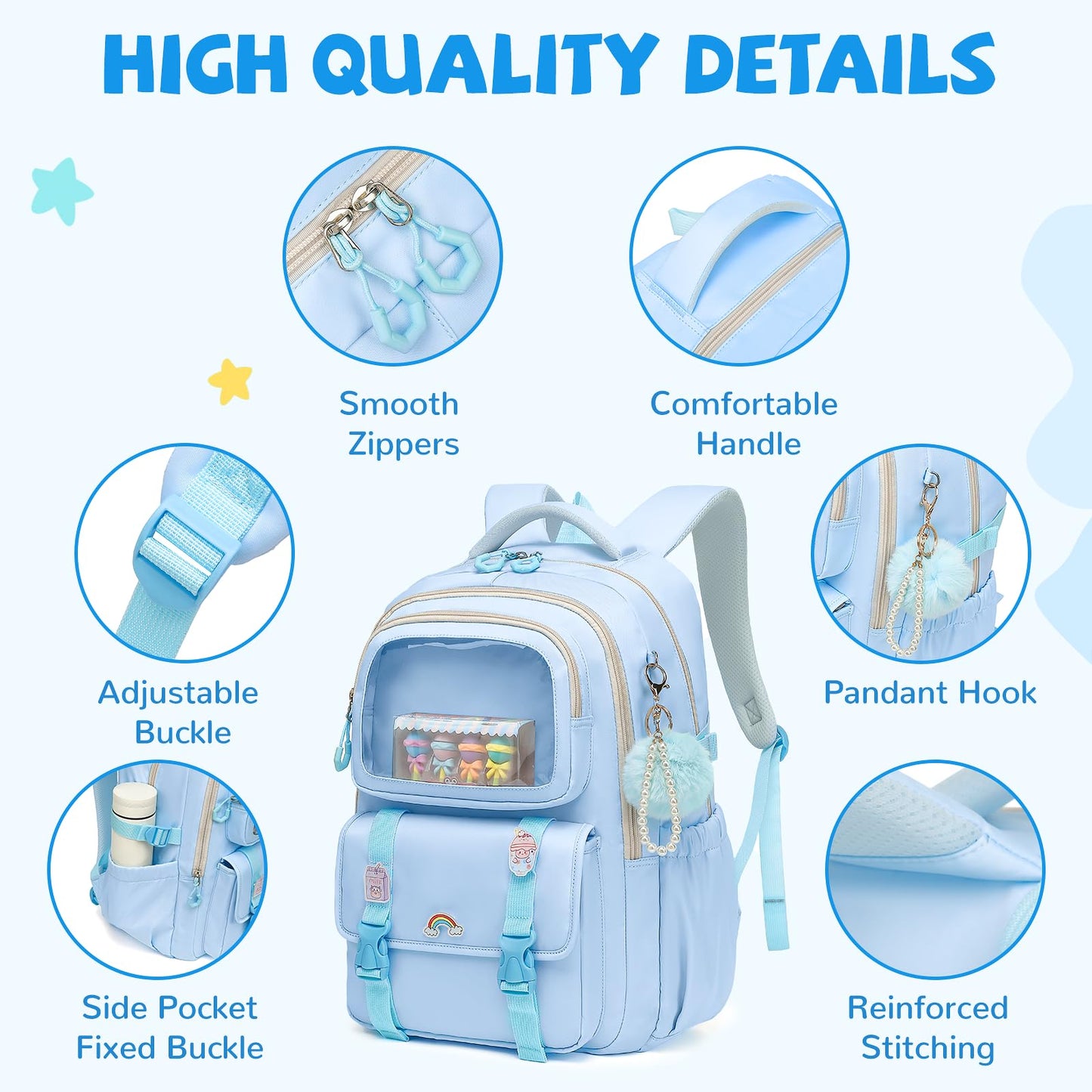 QIXIHU Girls Backpack, Kawaii Kids Backpacks for Girls Multiple Pockets School Bookbag for Girl for Primary Elementary School, Age 6-12 Years Old, Blue