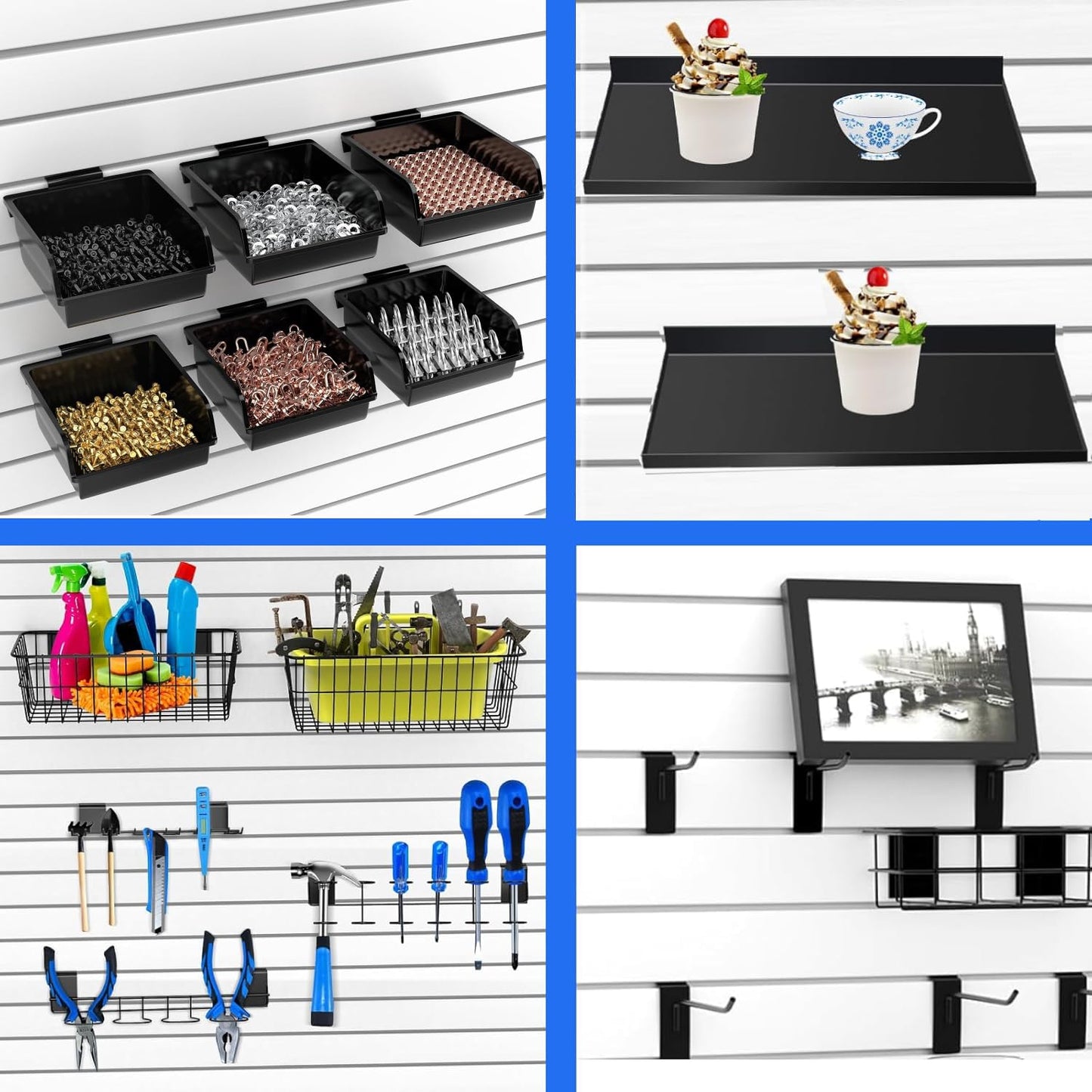 BeapTcely 40-Piece Slatwall Organizer Kit - Includes Hooks, Shelves, Baskets, Bins, Screwdriver Holder for Garage & Room Storage