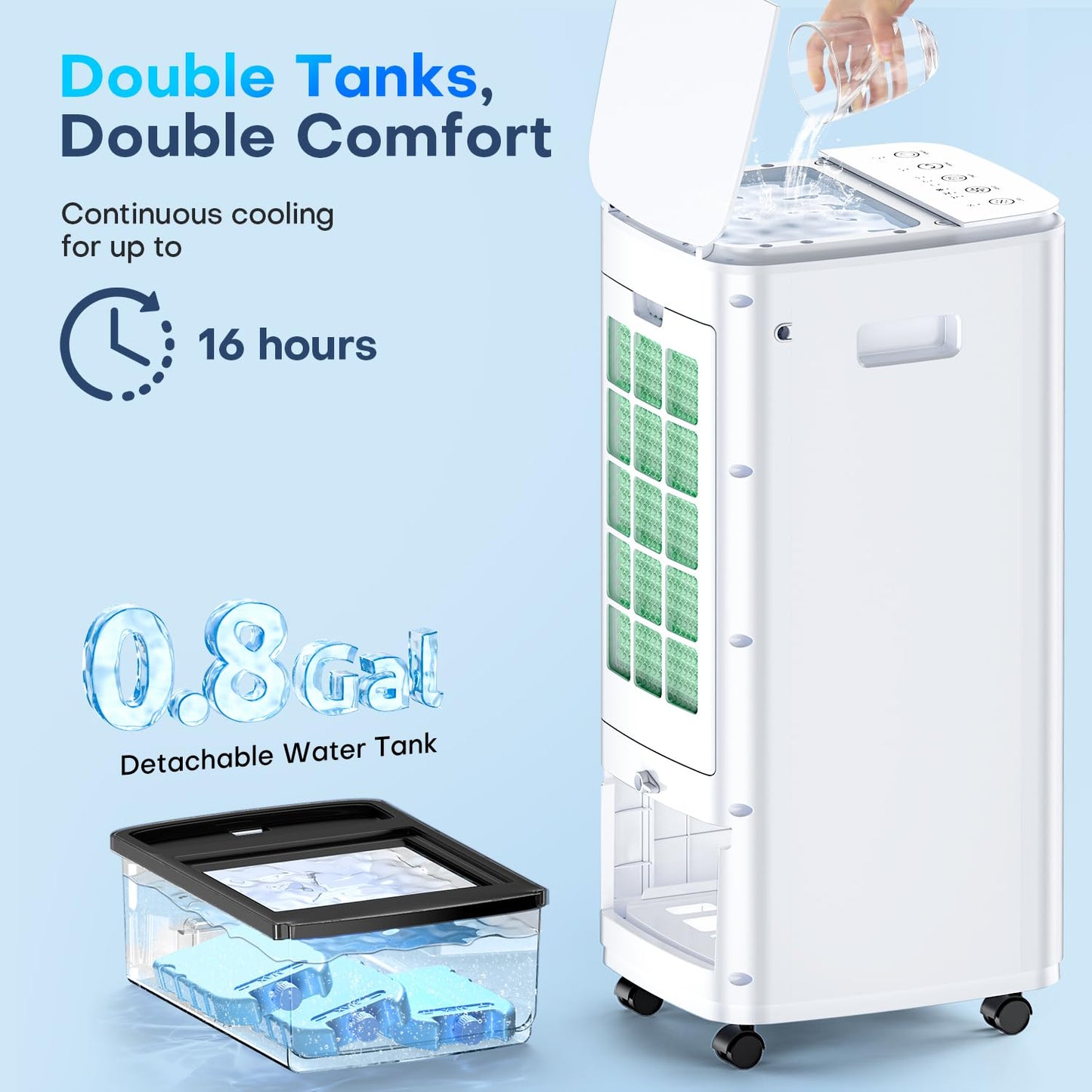 MYICY Evaporative Air Cooler, 25 Inch Swamp Cooler Air Conditioner w/Double Tanks, 7H Timer, 16ft Remote, 3 Ice Packs, 70° Oscillation, 3 Speeds & 2 Modes, 60W Portable Windowless Air Conditioner