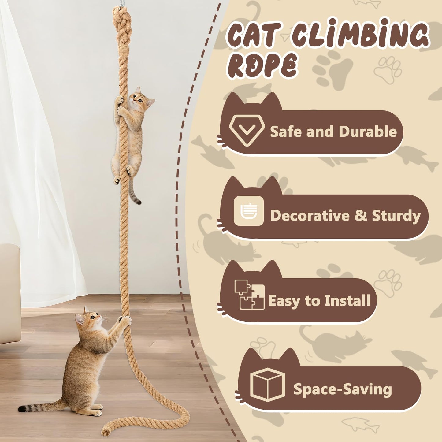 GINDOOR 2" x 9.8Ft Cat Climbing Rope with Hook, Natural Sisal Ropes for Ceiling and Wall Mounted, Durable Space Saving Cat Climbing Jute Rope Toy with Scratching Kitten Rope for Indoor and Outdoor