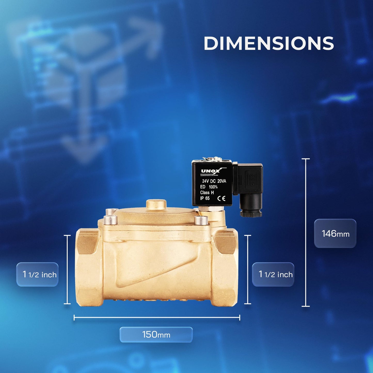 UNOX 1 1/2" NPT Solenoid Valve 24V DC, Brass Control Valve Normally Closed - 7-232 PSI Multi-Purpose Reliable Control Valve for Water, Air, and Gas - Solenoid Valves
