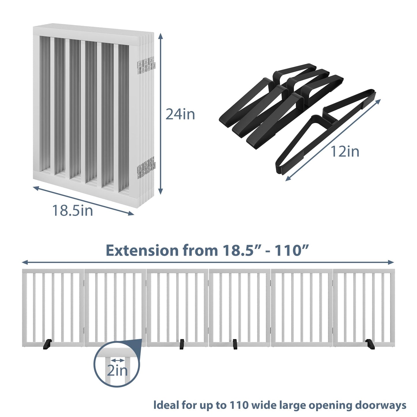 Dog Gates for Doorways Extra Wide 110inches (9ft), Wooden Freestanding Pet Gates for Dogs with 4 Support Stands, Foldable Gates for Dogs Indoor