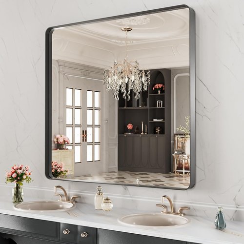 LOAAO Black Metal Framed Bathroom Mirror - 28x32 Inch, Matte Black, Anti-Rust, Versatile Hanging Options