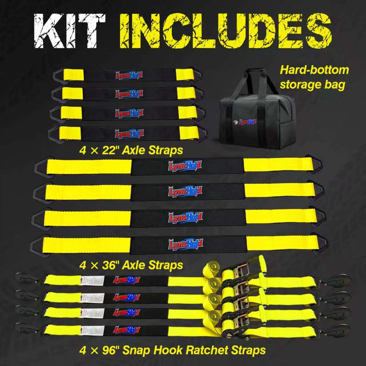 2'' x 96'' Car Trailer Tie Down Straps with Snap Hook for Trailers Heavy Duty, 10,000 lbs Break Strength, 4-Pack Steel Ratchet, 4 Adjustable Car Hauler Straps, 4 Axle Straps - Yellow