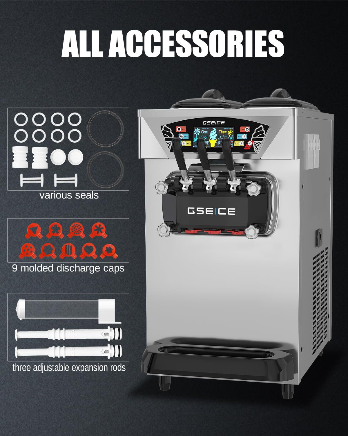 Commercial Ice Cream Maker, 6.8-8.4 Gal/H, 2 * 8L Hopper 110V Countertop Soft Serve Ice Cream Machine, 3 Flavors Puffing Alarm Pre-Cooling For Shops Cafes Dessert Stores, Auto Clean & Touch Screen