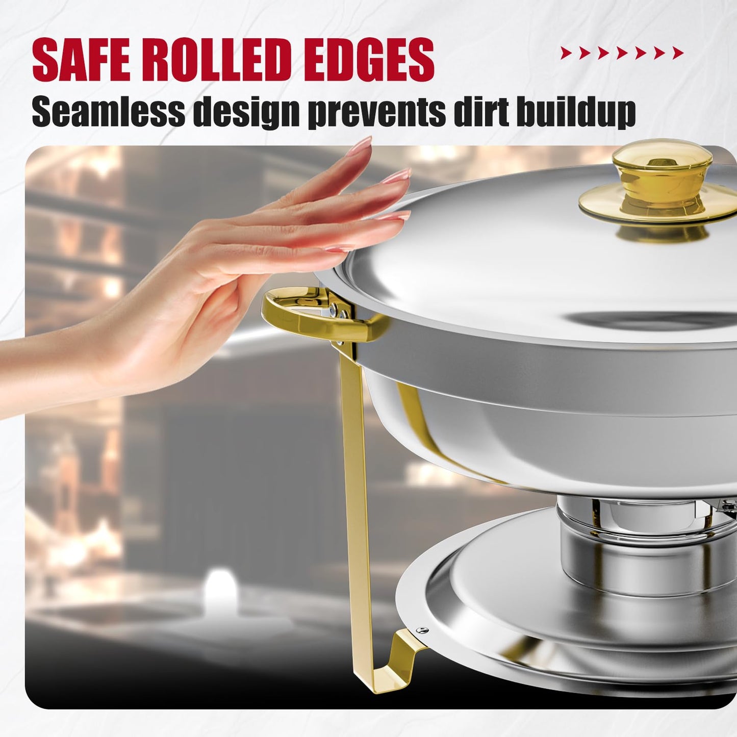 IMACONE Chafing Dish Buffet Set of 4, 5QT Round Stainless Steel Chafer for Catering, Upgraded Chafers and Buffet Warmer Sets w/Food & Water Pan, Lid, Gold Frame, Fuel Holder for Party Wedding Holiday