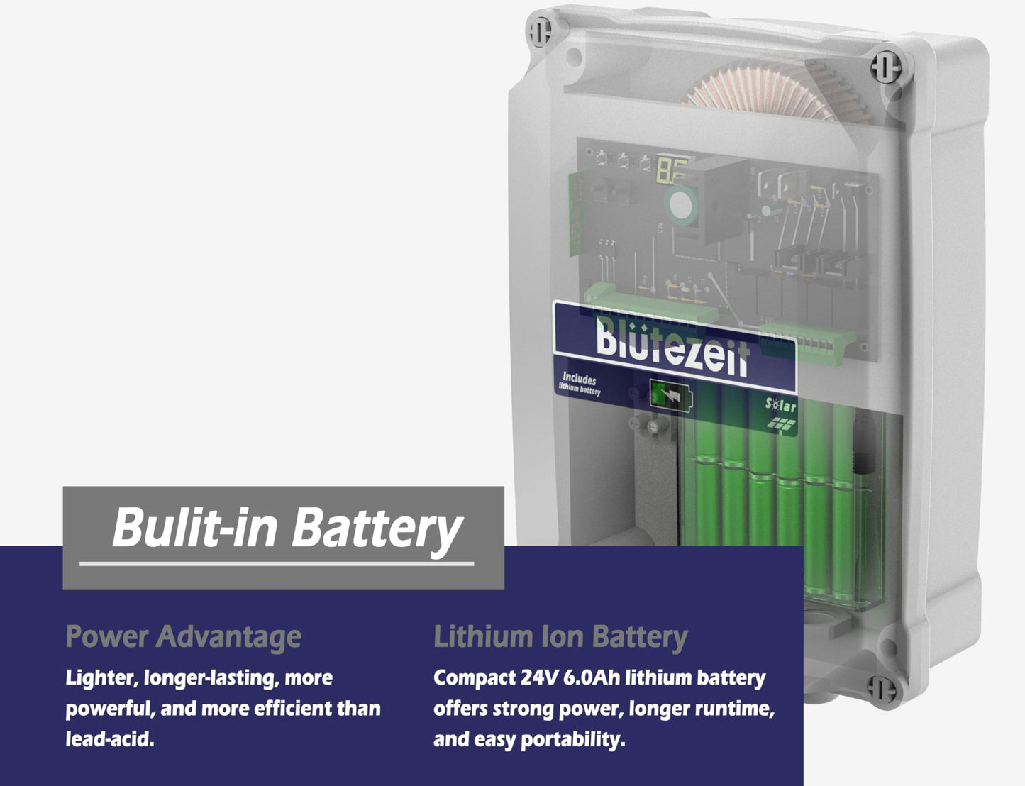 Blütezeit Solar Swing Gate Opener, 880lb Single-Arm Operator with Built-in 24V Lithium Battery & 25W Solar Panel, Integrated Control Box for Easy Install, Smart Auto Setting, 2 Remotes & Complete Kits
