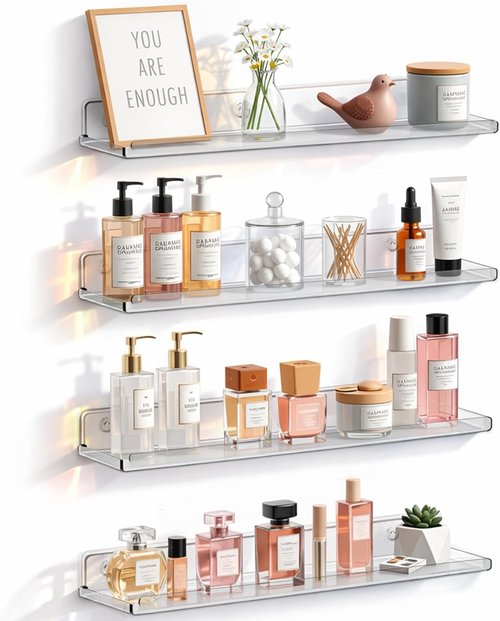 Lifewit Floating Shelves - Acrylic Wall Organizer for Bathroom & Home Decor | 14" Clear Display Rack, 4 Pack