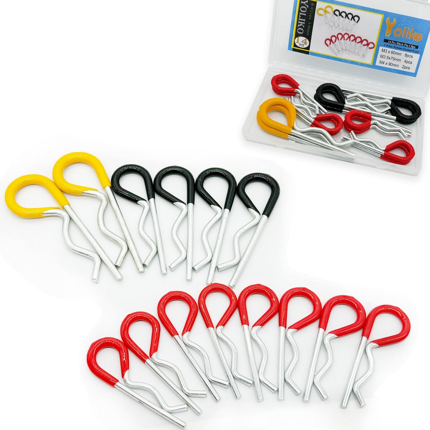 14Pcs Heavy Duty Hitch Pins Clip R Clips Spring Retaining Wire Hair Pins Cotter Pin Strong Spring Rubber-Coated Grip R Clip for Trailer Tractors Mower Carts Truck Pin Clip 3Sizes M3x60 M3.5x75 M4x90
