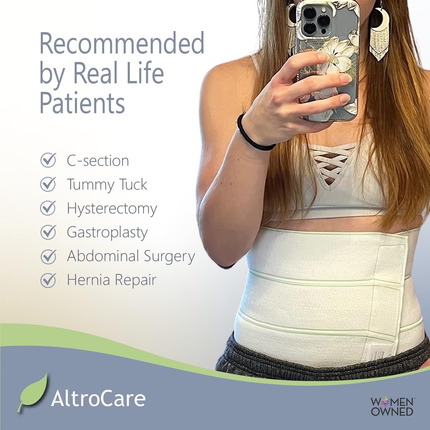AltroCare Postpartum & Post Surgery Abdominal Binder. 3-Panel belly band for recovery after childbirth, hysterectomy, tummy tuck, hernia, diastasis recti. Size L/XL (45" to 60"). Made in USA.