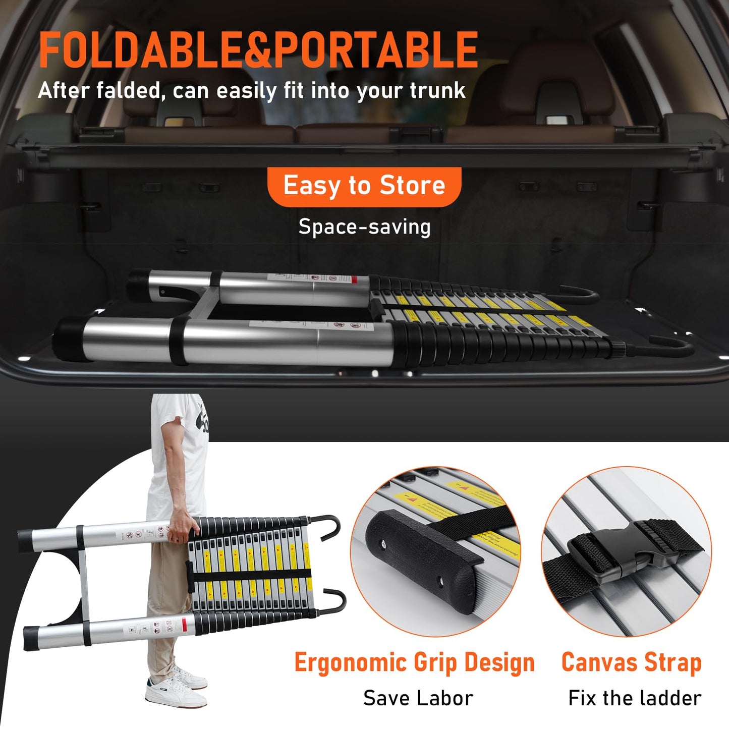 Telescoping Ladder 26.2FT Aluminum Lightweight Extension Ladder with Hooks 330 Lbs Heavy Duty Non-Slip Feet Folding Ladder Multi-Purpose Collapsible for Home RV Attic Outdoor Use (26.2 FT with Hooks)