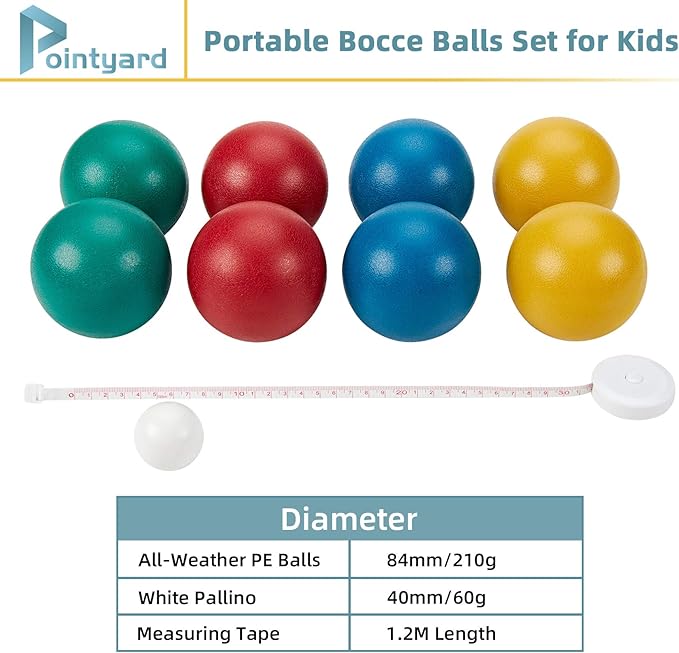 Pointyard 84mm Bocce Ball Set, Outdoor Games for Adults and Family, Backyard Ball Set with 8 PE Bocce Balls & 1 Pallino & Carry Bag & Measuring Tape for Teens Beginners