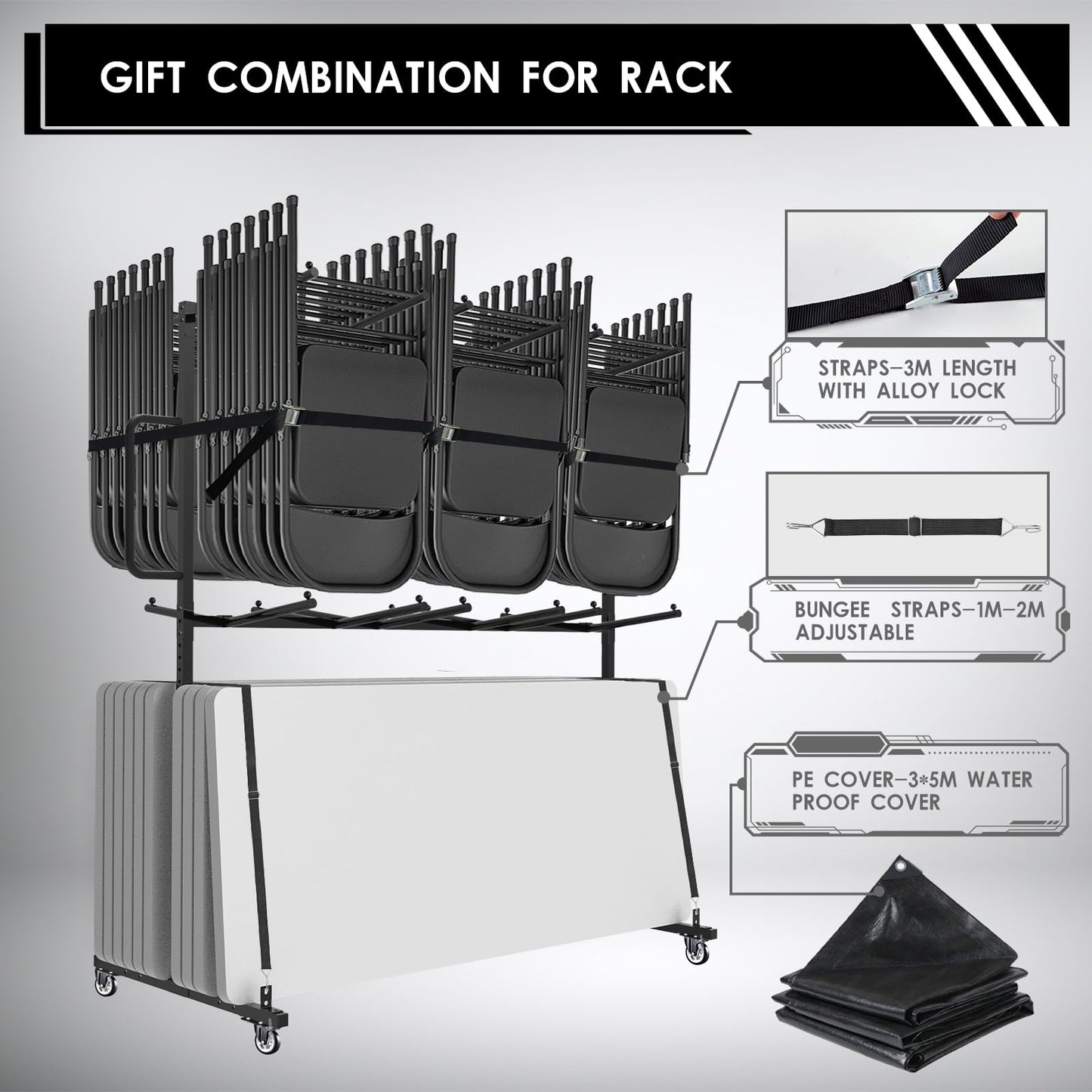 Folding Table And Chair Cart,Two Tier Folding Chair And Table Storage Rack With 800LBS Capacity For 84 Folding Chairs Heavy Metal Folding Chair Holder Rack with Rubber Locking Wheels,Straps and Cover