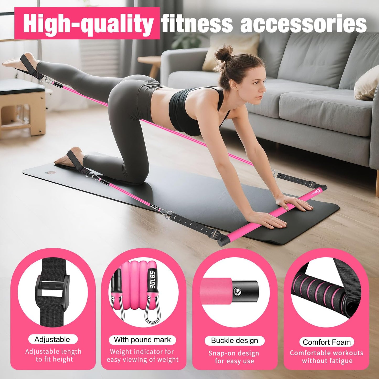 Bbtops Pilates Bar Kit with Resistance Bands(4 x Bands),3-Section Pilates Bar with Stackable Bands Workout Equipment for Legs,Hip,Waist and Arm,Portable Home Gym for Women Full Body (Pink30lbs,40lbs)