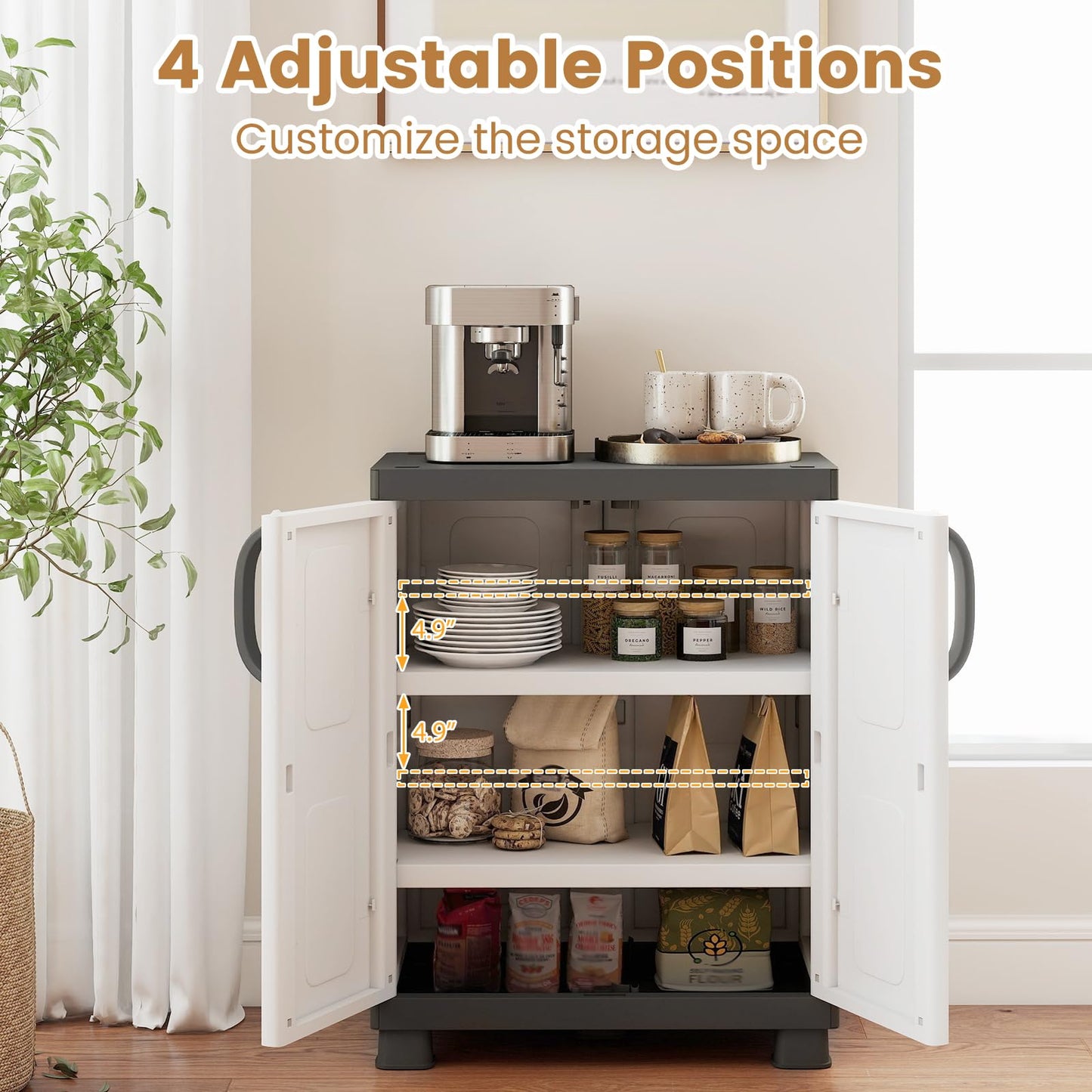 Giantex Storage Cabinet with 2 Doors and Adjustable Shelves, Modern Plastic Base Garage Organizer, Floor Sideboard for Kitchen, Dining Room, Bathroom (Wide-29"x19"x37",White+Grey)