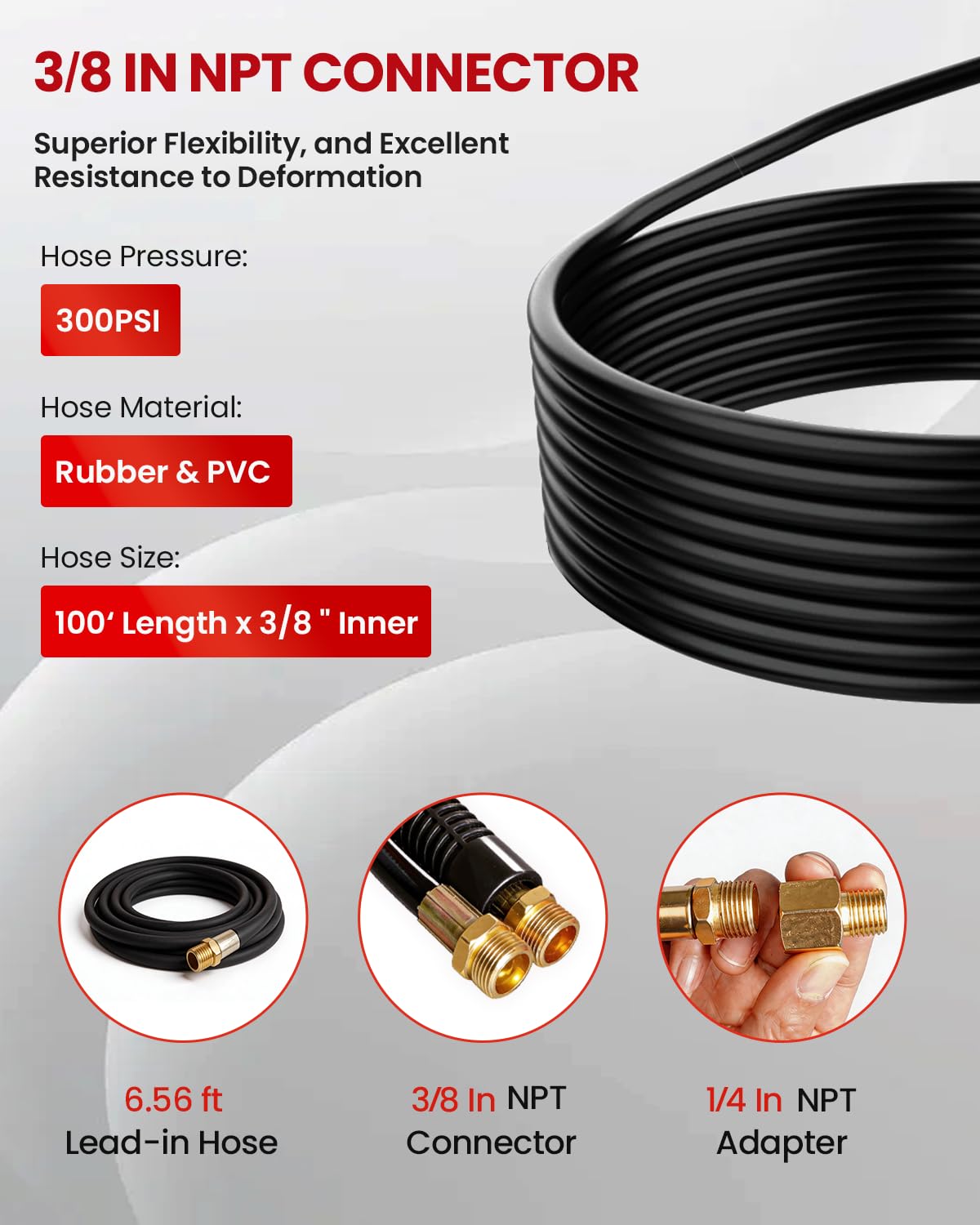 Retractable Air Hose Reel - 3/8" x 100 FT Hybrid Polymer Air Compressor Hose Reel, Max 300 PSI Heavy Duty with 6.56 FT Lead-in, 180° Swivel Mount for Garage, Workshop and Automotive Shop