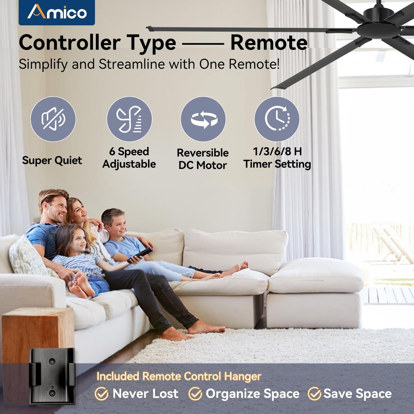 Amico 100 Inch Ceiling Fans Without Lights, Indoor/Outdoor Ceiling Fan with Remote Control, Reversible, 6 Blades, Noiseless, Industrial Black Ceiling Fan No Light for Patio, Porch, Garage, Shop