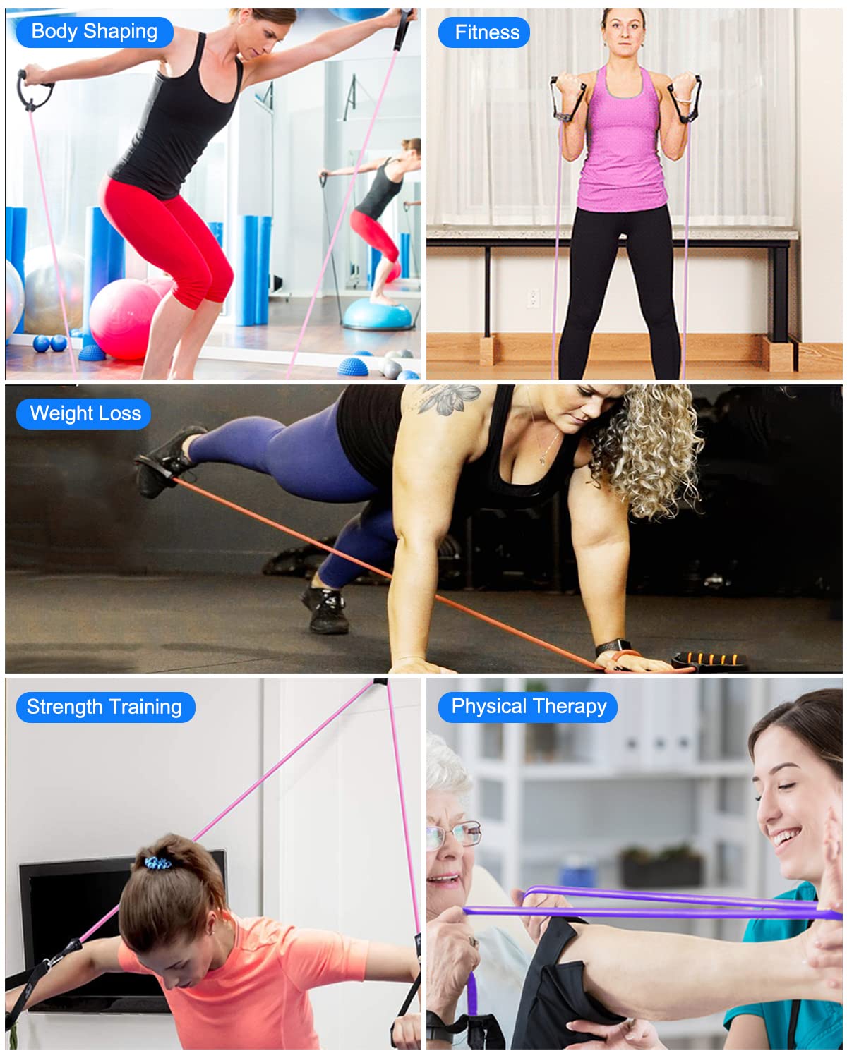 Resistance Exercise Bands Set with Handles Workout Bands for Physical Therapy, Strength Training, Muscle Toning - Door Anchor and Workout Guide.(Pink,Purple,Gray)