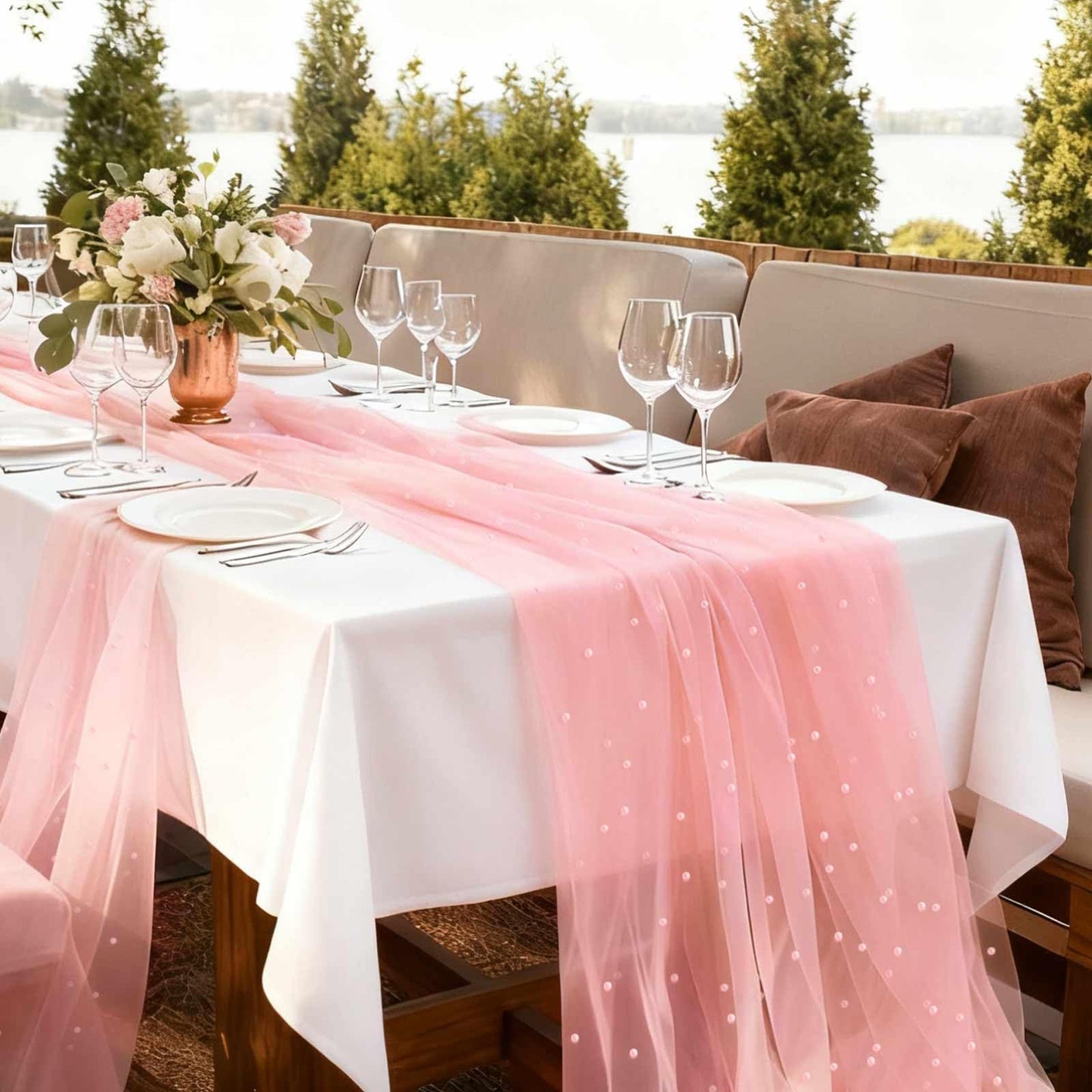 WELTRXE Pearl Table Runner 30x120 Inch 10FT Long, Pink Gauze Table Runners, Rustic Boho for Wedding Arch Birthday Party Bridal Veil Baby Shower Decorations