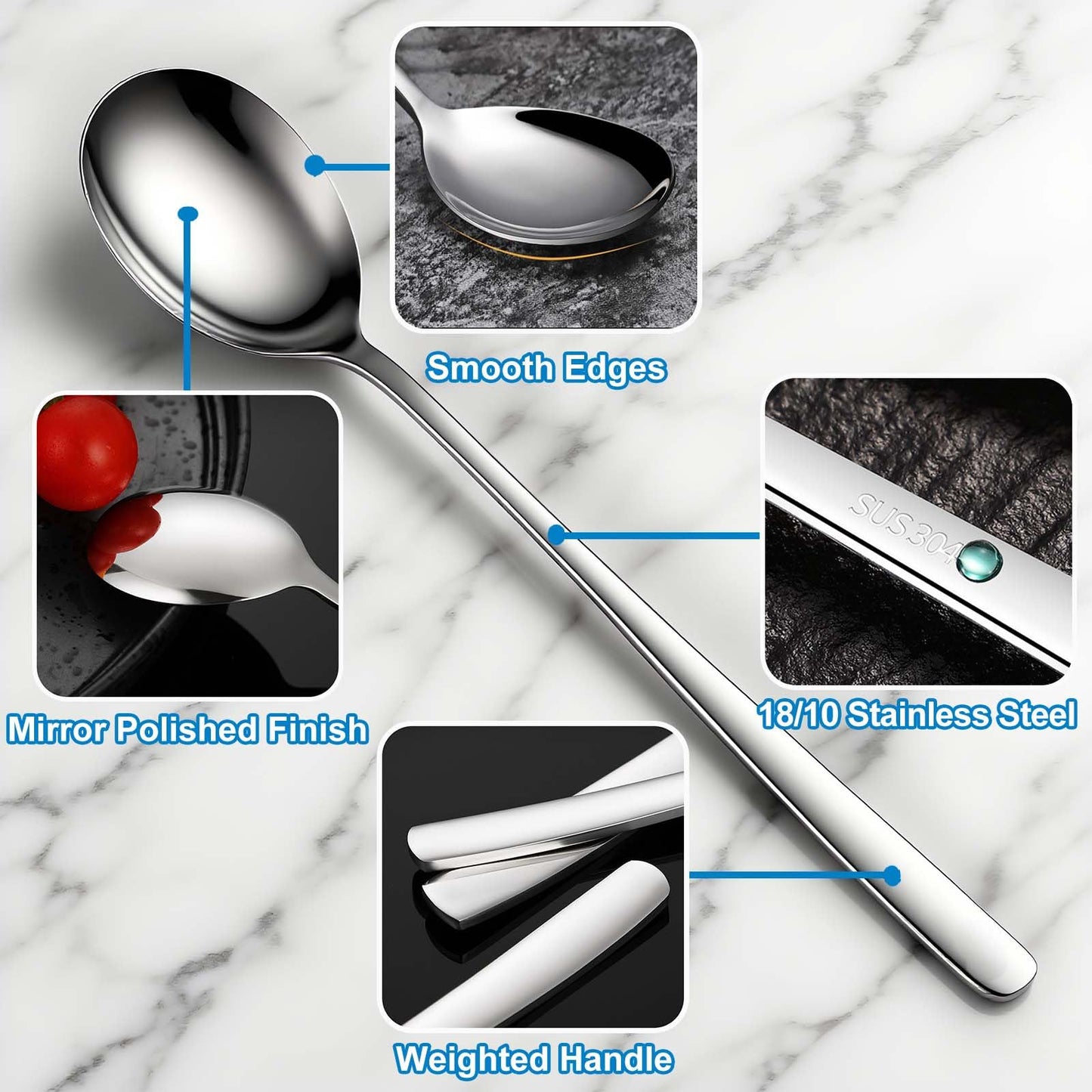 Flying Leaves Set of 6 Premium Korean Soup Spoons, 8 Inch 18/10 Stainless Steel Long Handle Rice and Asian Spoon for Home, Kitchen, Restaurant, Cafe, Dishwasher Safe