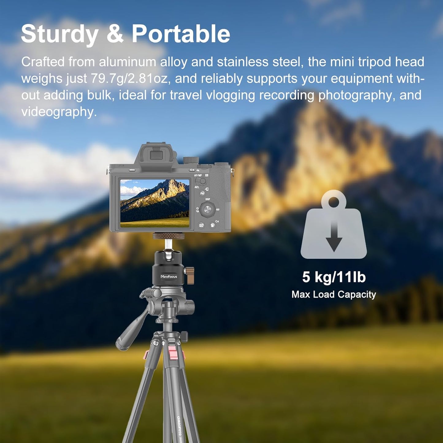 MINIFOCUS 1/4" 360 125 11Ib Mini Ball Head, Metal Tripod Ballhead w Threaded Hole, Swivel Tilt Tripod Mount Adapter