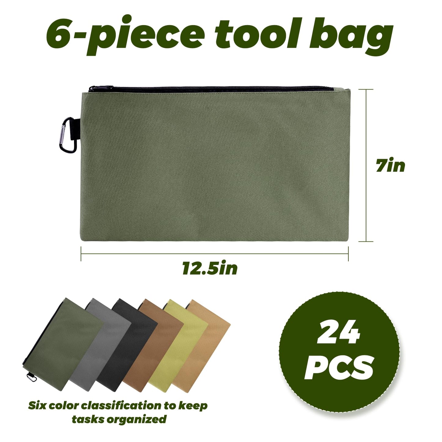 24 Pack Premium Tool Pouch Zipper Bag Premium Tool Pouch 600D Oxford Small Tool Bags with Carabiner Metal Zipper for Tools,Stationary, Pencil Pouch Craft Supplies,Electronics(12.6 inches x 7 inches)