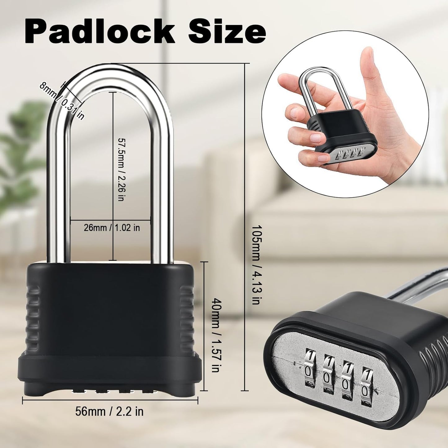 4 Digit Heavy Duty Combination Lock - 105mm Long Shackle Weatherproof Combination Padlock, Outdoor Combo Lock for Storage Units, Gym Lockers, Fence Gates & Shed Doors - Black (2pcs, Long Shackle)
