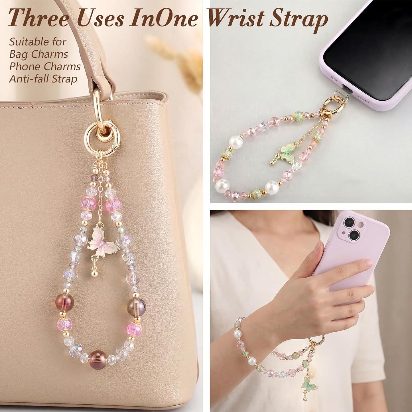 2 BESARME Pcs Phone Charm Wristlet with Crystal Beads and Butterfly Pendant, Includes Tether Tab for Easy Attachment