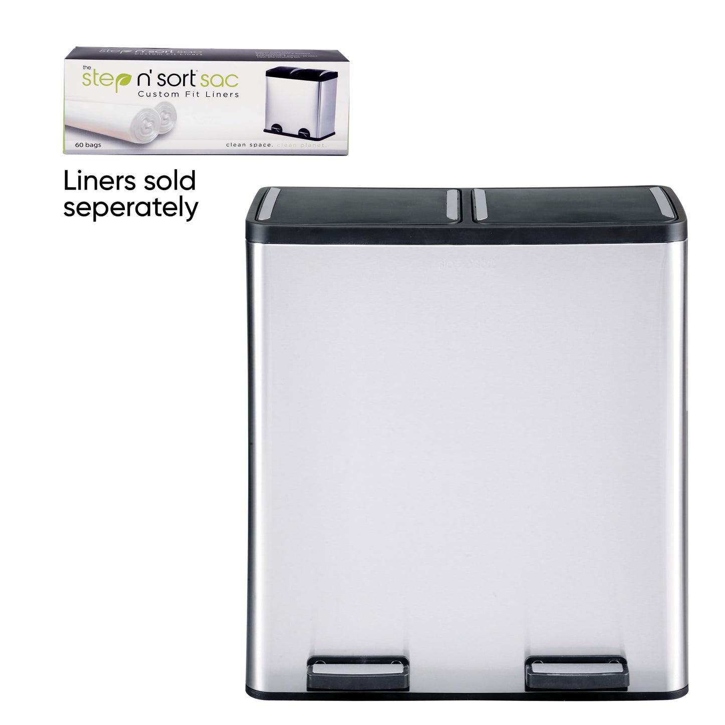 Step N' Sort The 18.5 Gallon Extra Large Capacity, Soft-Step, Dual Trash and Recycling Bin with Removable Inner Bins, Silver