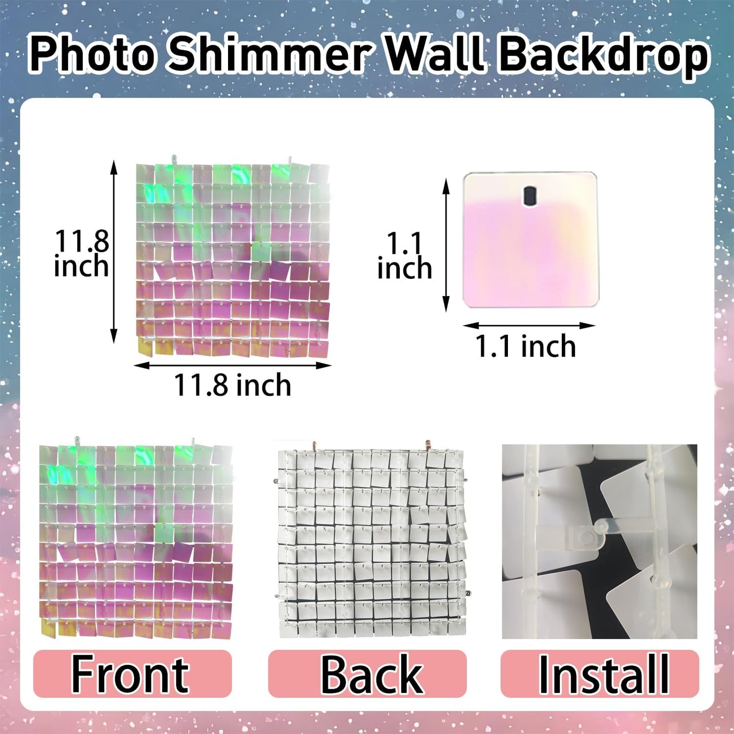 Regine Switzerland 24Pcs Rainbow-Pink Shimmer Wall Backdrop - 12x12 Inch Sequined Panels for Party Decor