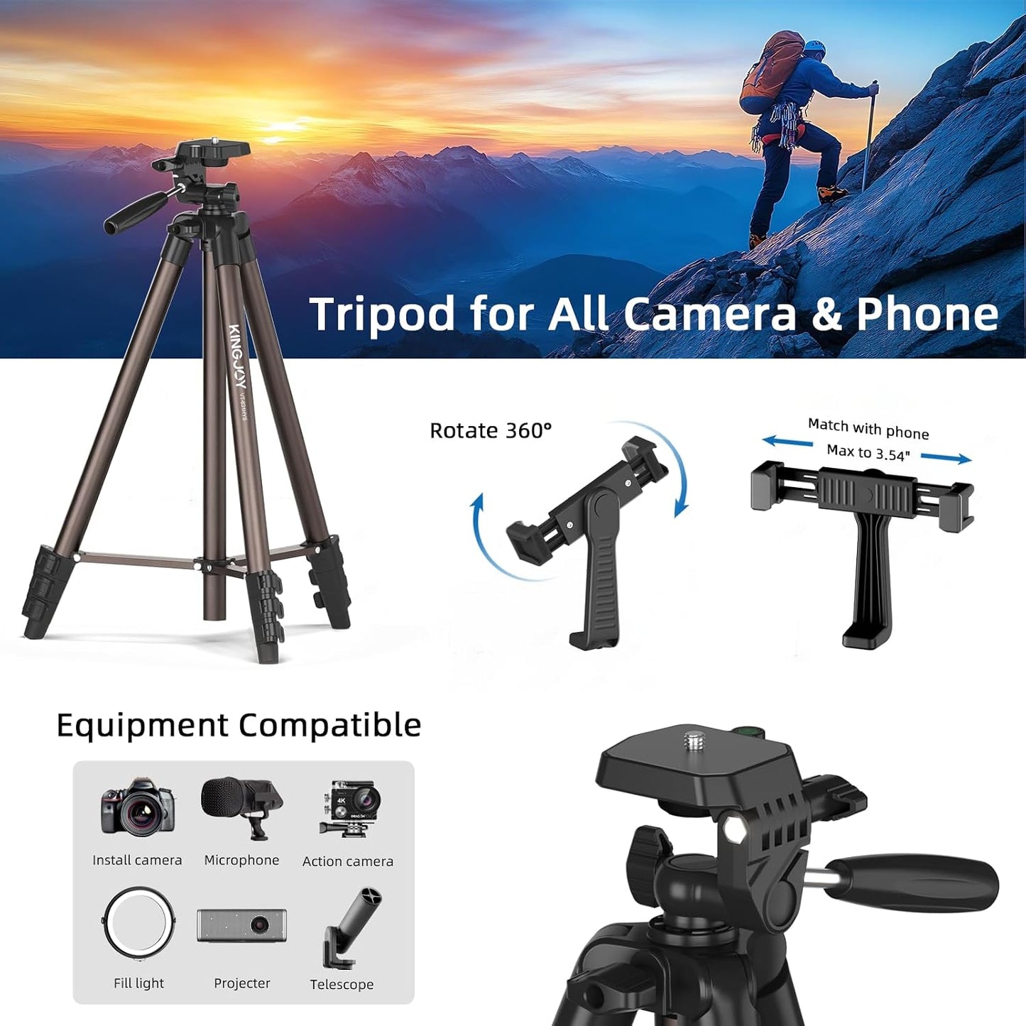 KINGJOY 71" 3-Way 6.6LB Camera Tripod, Lightweight Travel Tripod with Wireless Remote, Cold Shoe Phone Mount, Pan Head