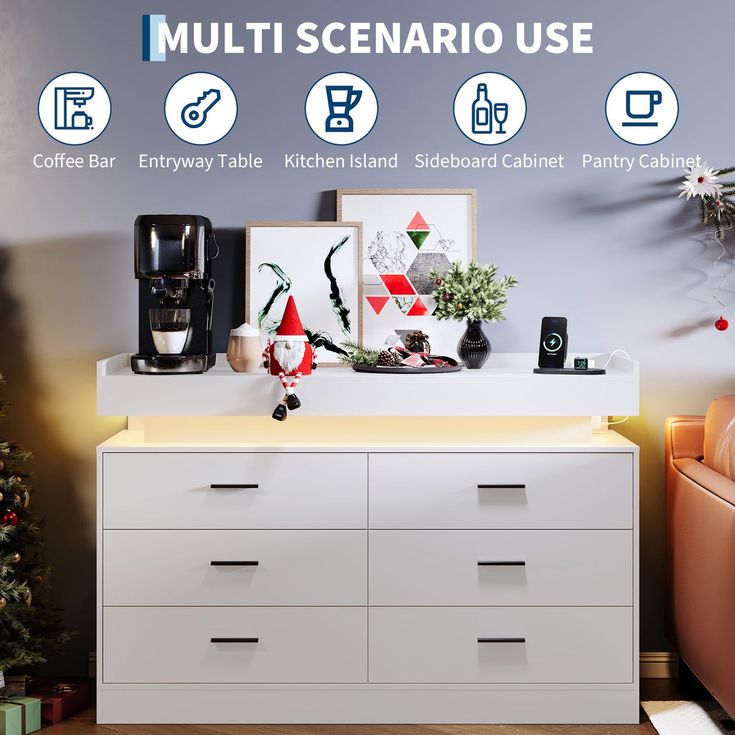 PeacefulHues TV Stand Cabinet with LED Lights & Charging Station, Coffee Bar Cabinet Floating Countertop, Modern Sideboard Buffet 6 Drawers for Home, Living Room, White
