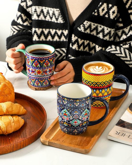 glowworm Coffee Mugs Set of 6, 16 oz Ceramic Coffee Mug with Handle, Large Coffee Cups for Latte, Cappuccino, Milk Dishwasher & Microwave Safe, Bohemian