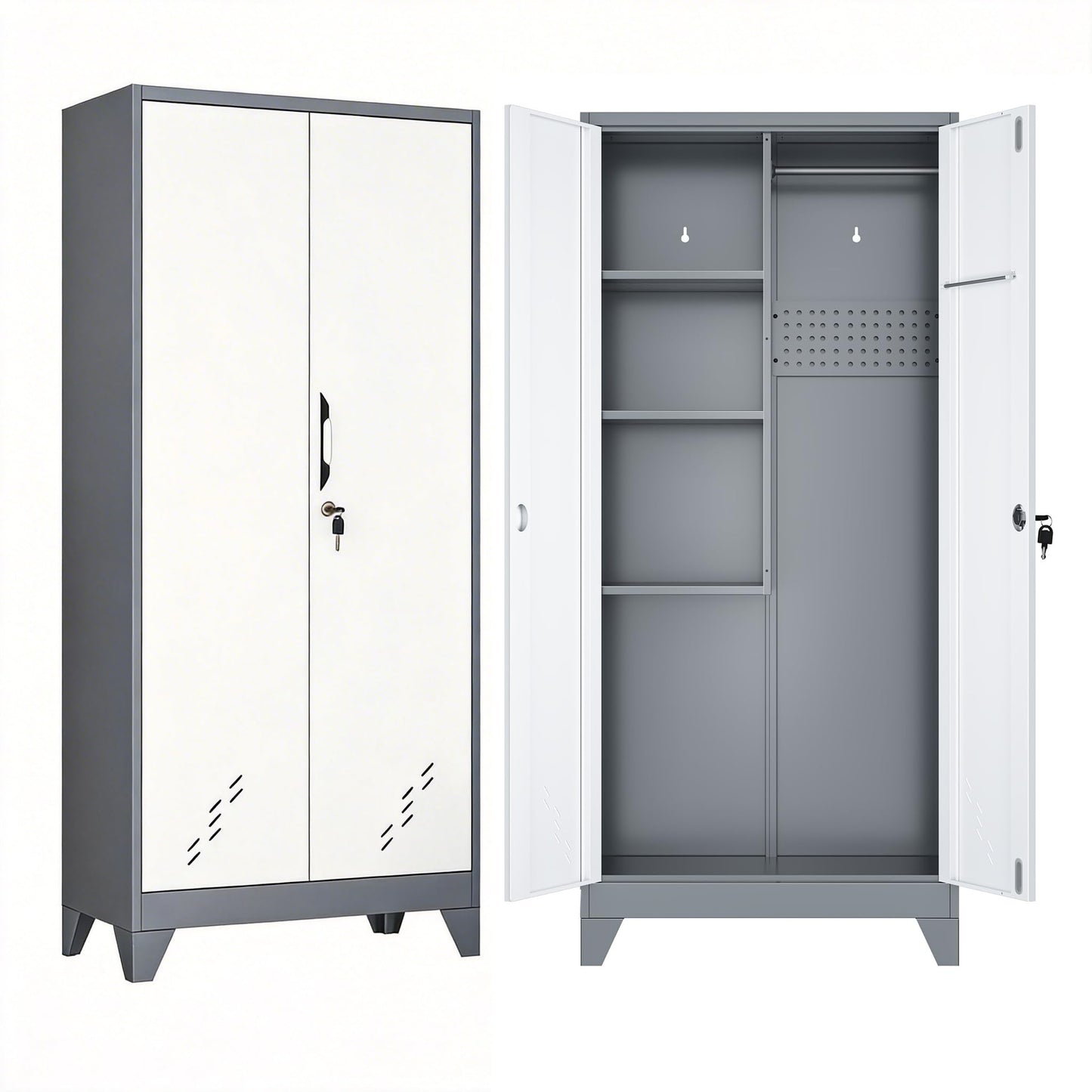 OSKEBABO Broom Closet Storage Cabinet, Garage Storage Cabinet with Pegboard & Hanging Rod, 61" H Metal Utility Cabinet with Lockable Doors for Garage, Laundry Room, Home Office, Gray and White