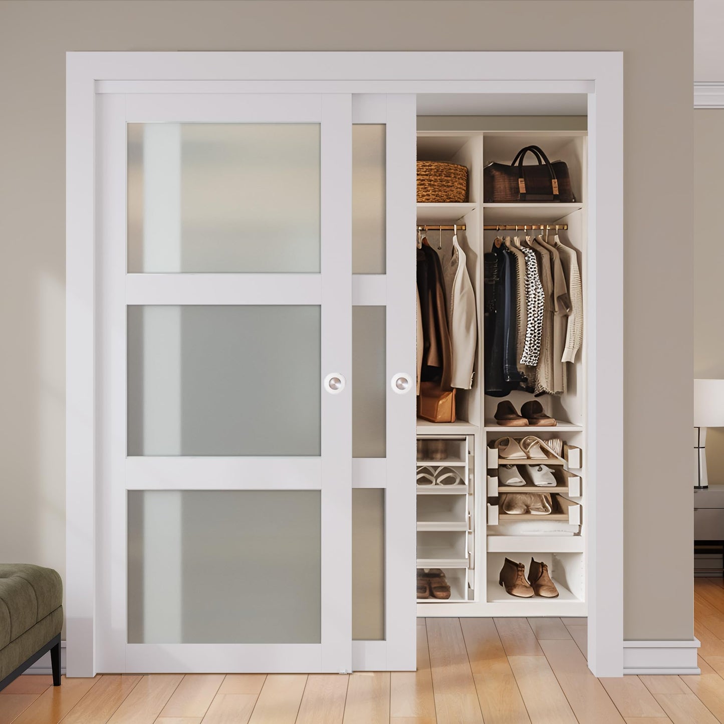 SMARTSTANDARD Sliding Closet Door, 64"×80"(Double Barn Doors 33"), Double Frosted 3 Panel Glass Sliding Door with Hardware Kit, Pre-Drilled Door Panel, Need to Assemble, MDF with PVC Surface, White