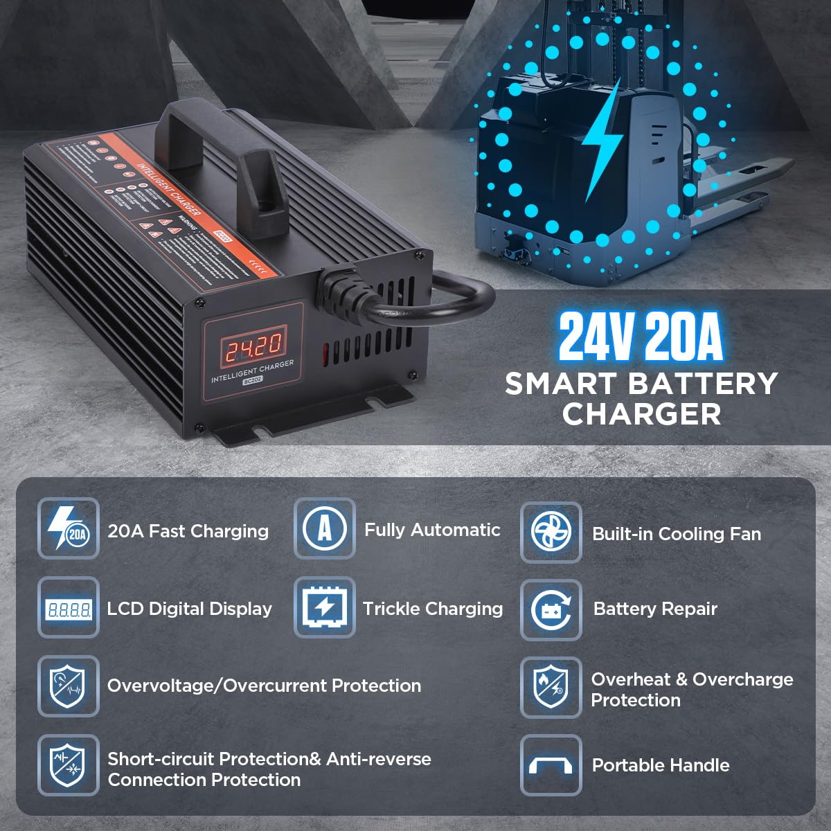 Forklift Battery Charger 24V 20A Smart Forklift Charger 24 Volt 600W Auto Pallet Jack Battery Charger LCD Display Trickle Charger for 24V Electric Pallet Jack, Stacker, Floor Scrubber, Scissor Lifter