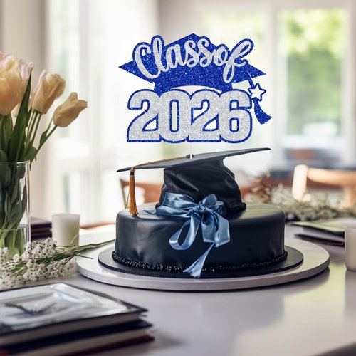 Class of 2026 Cake Topper - Graduation Party Decor | Blue & Silver Glitter High School/College