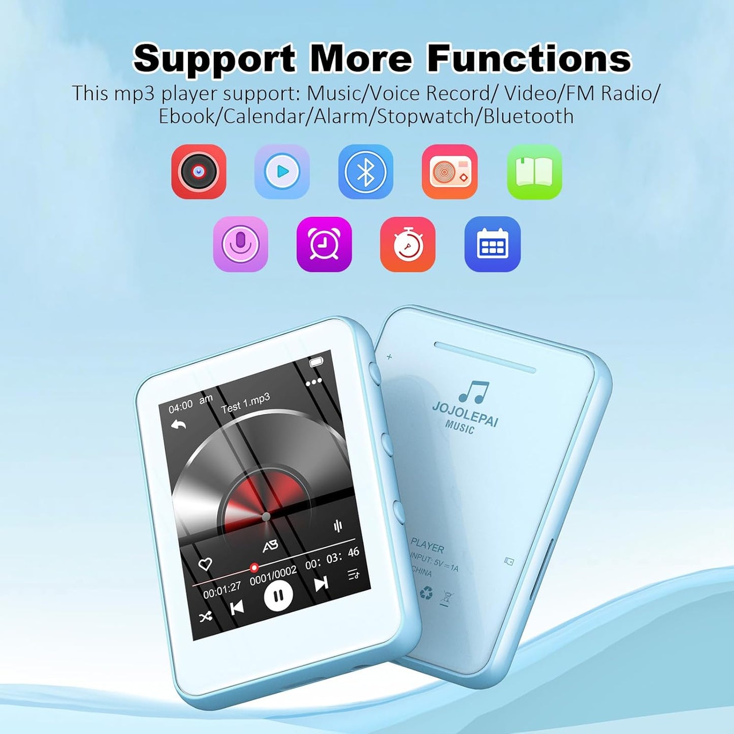 JOJOLEPAI MP3 5.3, 32GB 128GB Light Blue Player with Bluetooth Touchscreen Portable Music Player,Built-in Speaker,FM