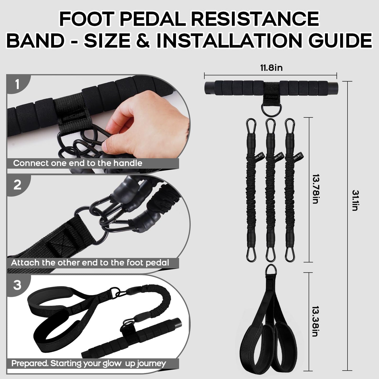 Multifunction Pedal Resistance Band with Handle, 3 Tube Adjustable 30/40/50LB Foot Pedal Puller Resistance Bands with Poster, Extended Length Tension Rope for Men Women Full Body Workout Home Gym