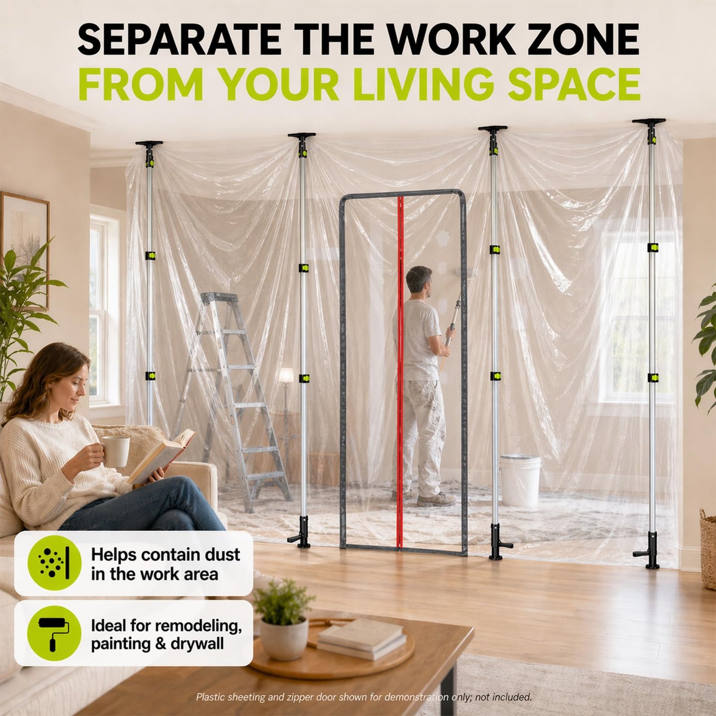 10FT Dust Barrier Poles, Foot-Pedal Spring-Release, 4-Pack Lightweight Aluminum Zipper Wall Telescoping Poles for Temporary Dust Barrier System, Construction & Home Renovation, with Carry Bag