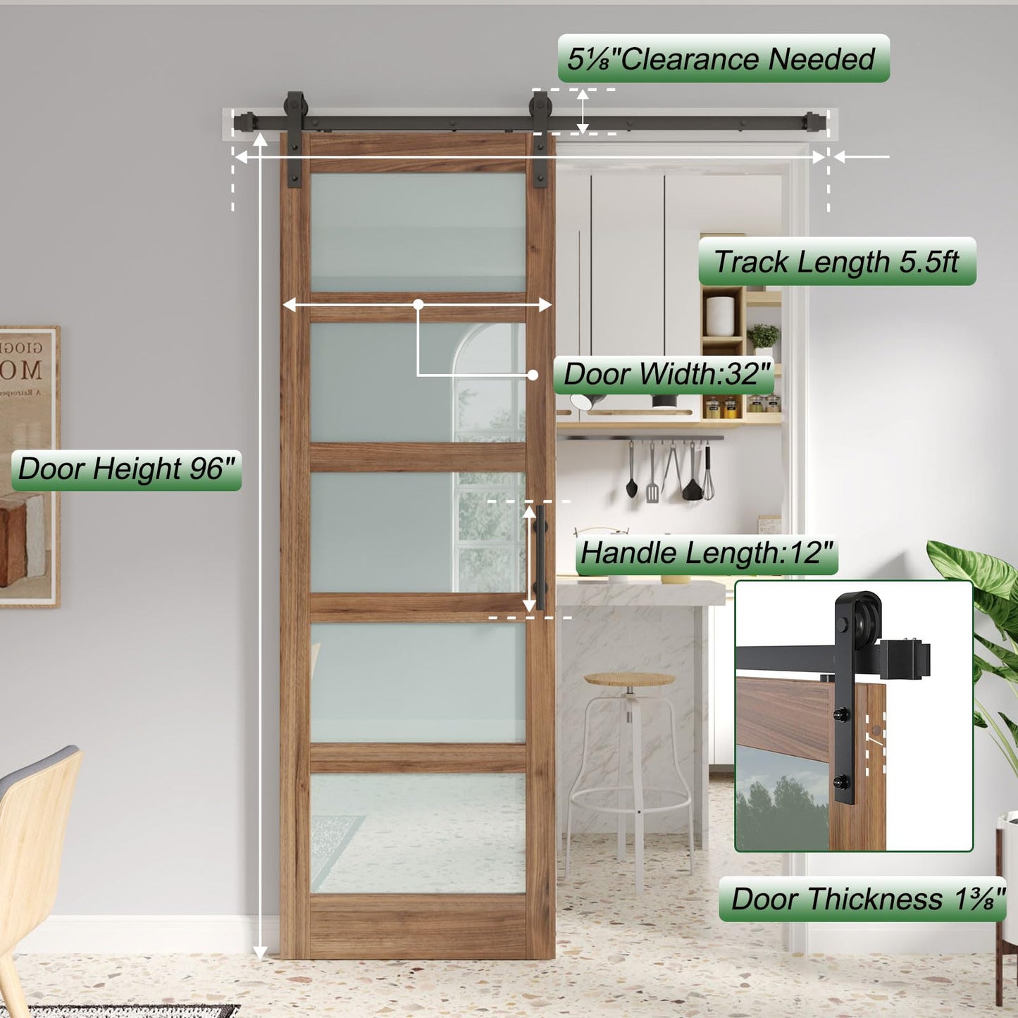 FREDBECK 32 x 96 inch Glass Barn Door with 5.5FT Barn Door Hardware Kit & Handle Included,5-Panel Frosted Glass,Water-Proof Surface,Pre-Drilled Holes,Need Assembly