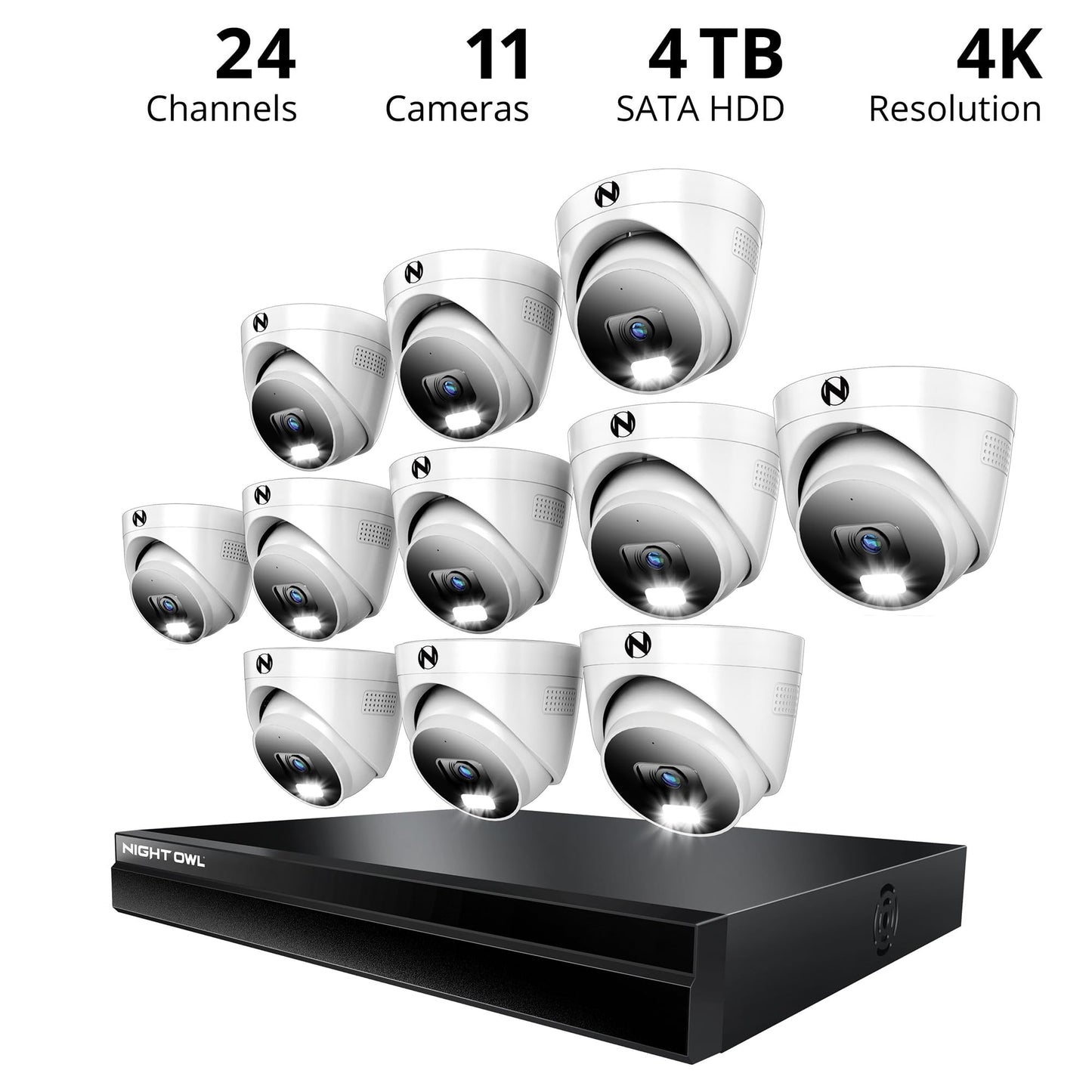Night Owl Power Over Ethernet 24 Channel NVR Video Home Security Camera System with (11) Wired IP 4K HD Indoor/Outdoor Deterrence Dome Cameras and 4TB Hard Drive (11 Camera)