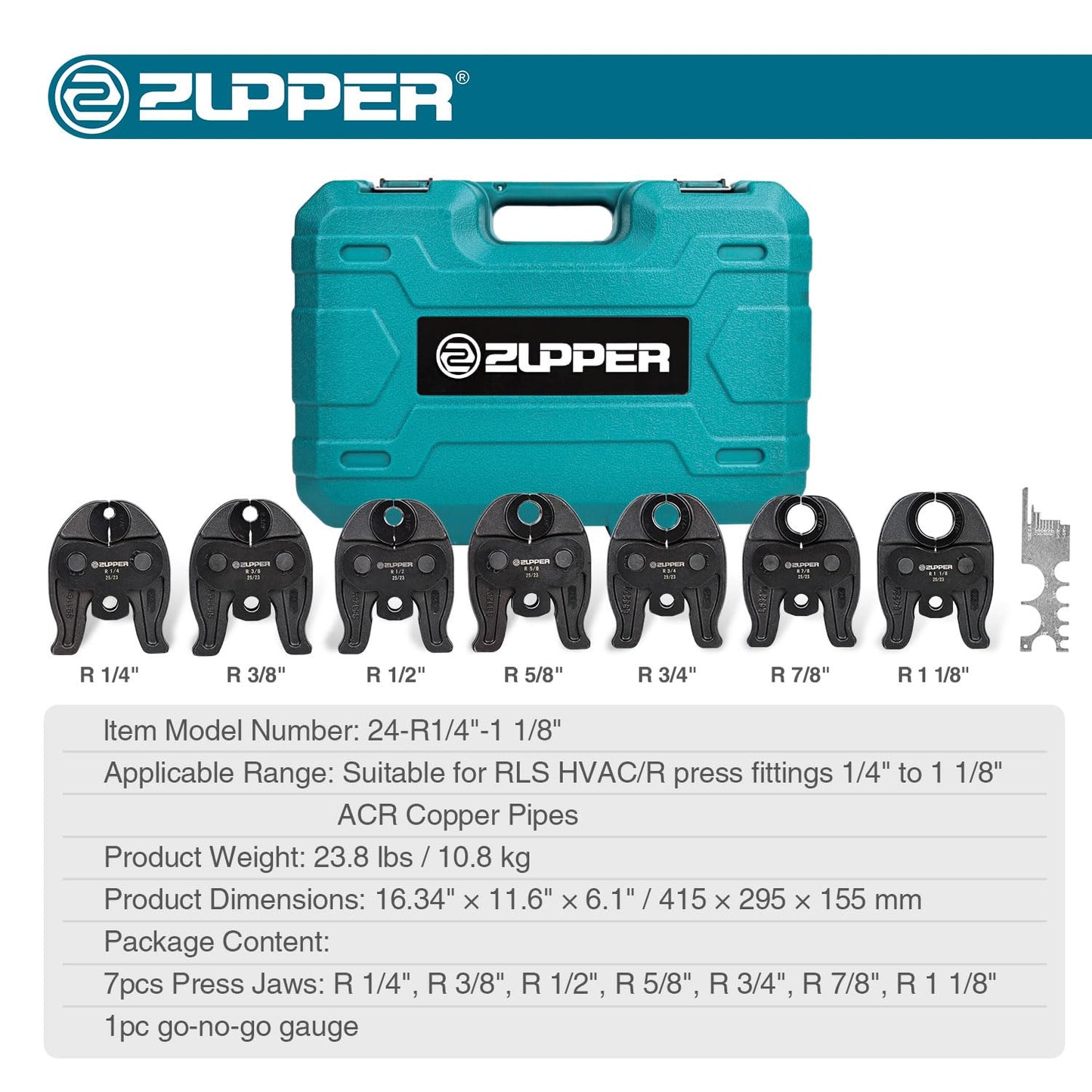 ZUPPER Press Jaws, 7PCS Pressing Jaws Kit 1/4" to 1 1/8" Suitable for RLS press fittings ACR Copper Pipes, Compatible with Compact Press Tools (24 kN / 5,400 lbs) - with Carrying Case